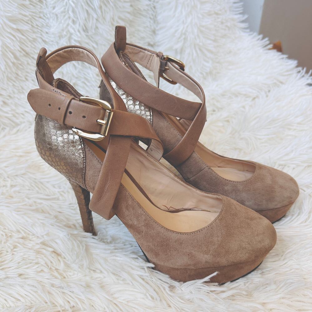 Guess Gw Lamella Leather Tan Platform Heels Size 7.5